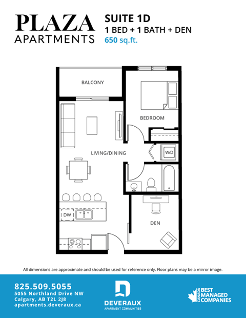 Floor plan for 1 bed, 1 bath, 650 sqft