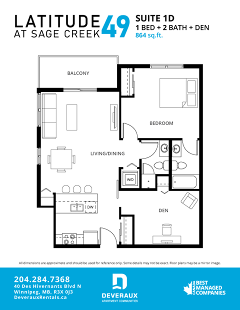 Floor plan for 1 bed, 2 baths, 881 sqft