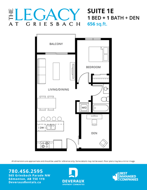 Floor plan for 1 bed, 1 bath, 656 sqft