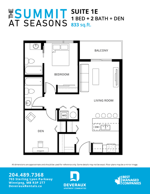 Floor plan for 1 bed, 2 baths, 833 sqft