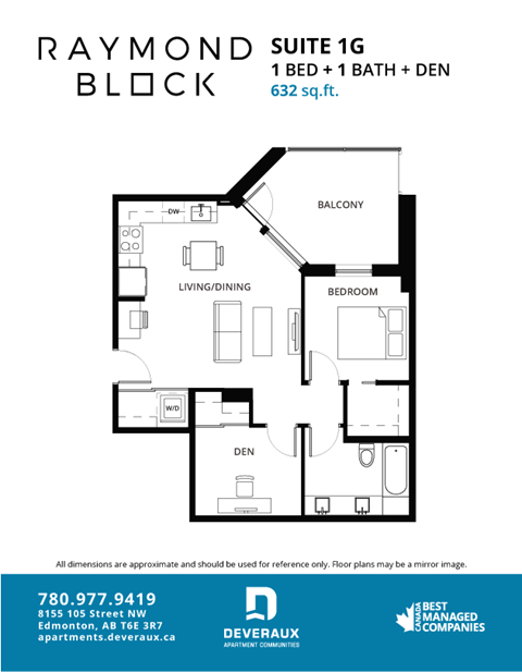 Floor plan for 1 bed, 1 bath, 658 sqft