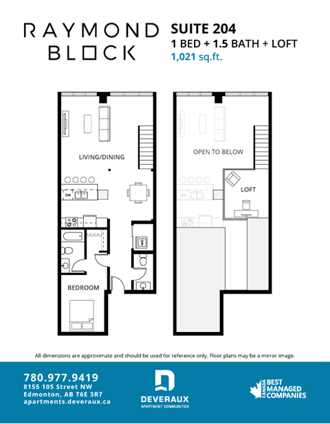 Floor plan for 1 bed, 1.5 baths, 1021 sqft
