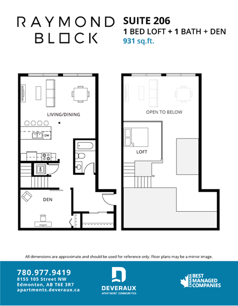 Floor plan for 1 bed, 1 bath, 931 sqft