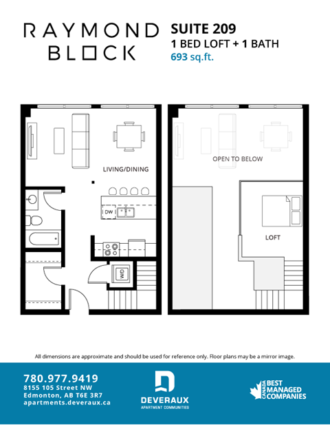 Floor plan for 1 bed, 1 bath, 693 sqft