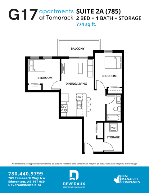Floor plan for 2 beds, 2 baths, 780 sqft