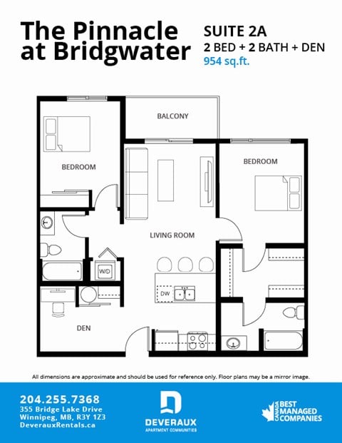 Floor plan for 2 beds, 2 baths, 954 sqft