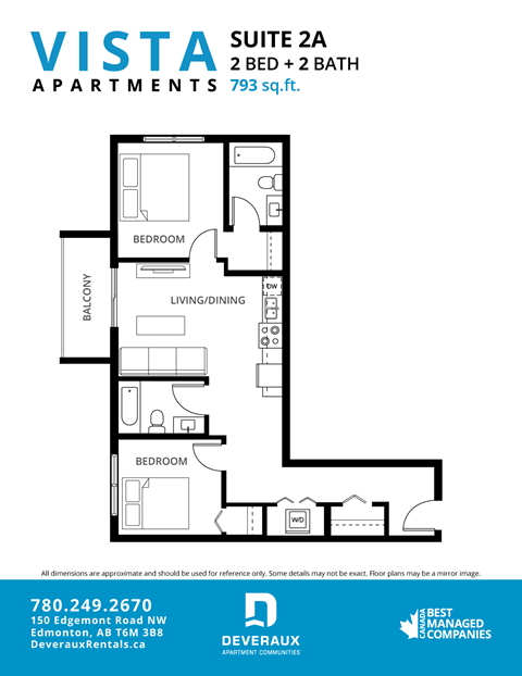 Floor plan for 2 beds, 2 baths, 793 sqft
