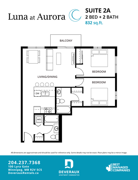 Floor plan for 2 beds, 2 baths, 832 sqft