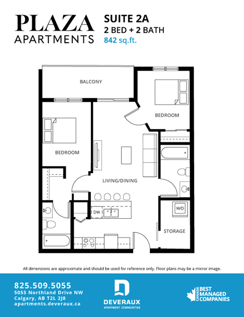 Floor plan for 2 beds, 2 baths, 842 sqft