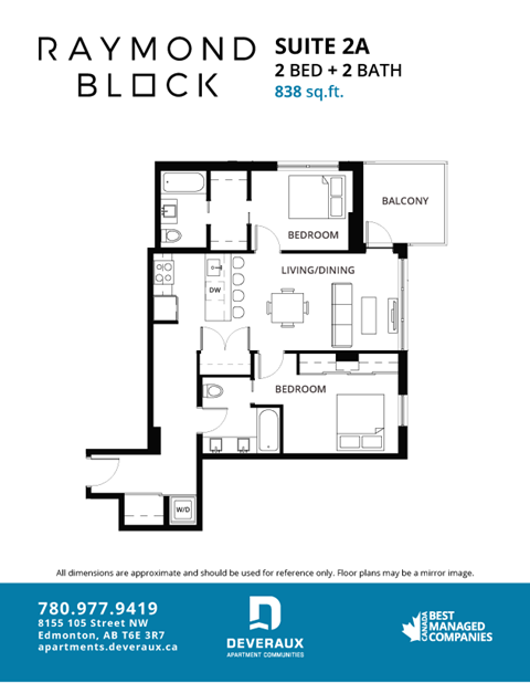 Floor plan for 2 beds, 2 baths, 931 sqft