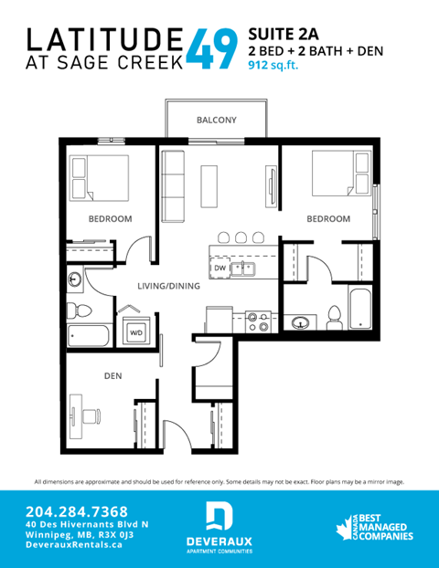 Floor plan for 2 beds, 2 baths, 973 sqft