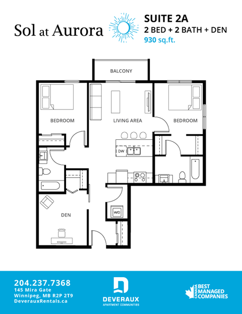 Floor plan for 2 beds, 2 baths, 930 sqft