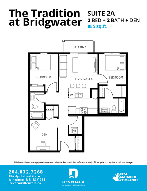 Floor plan for 2 beds, 2 baths, 942 sqft