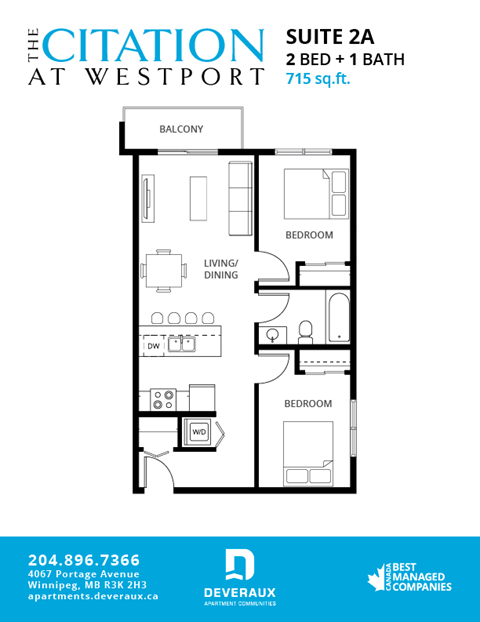 Floor plan for 2 beds, 1 bath, 715 sqft