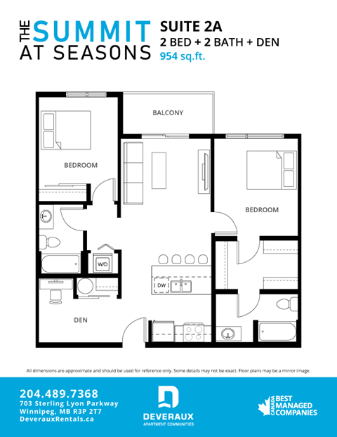 Floor plan for 2 beds, 2 baths, 954 sqft