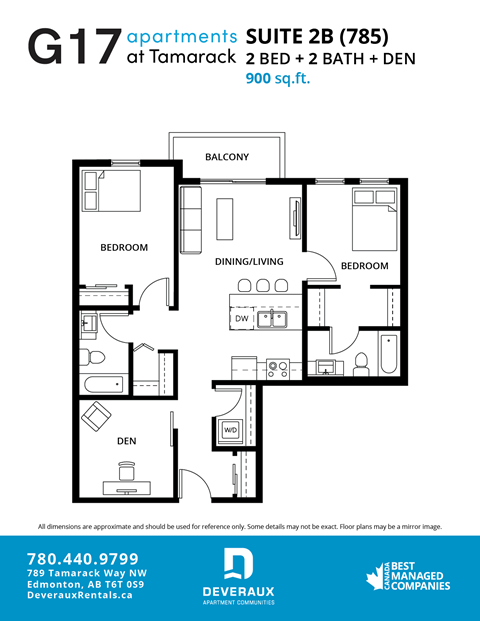 Floor plan for 2 beds, 2 baths, 944 sqft