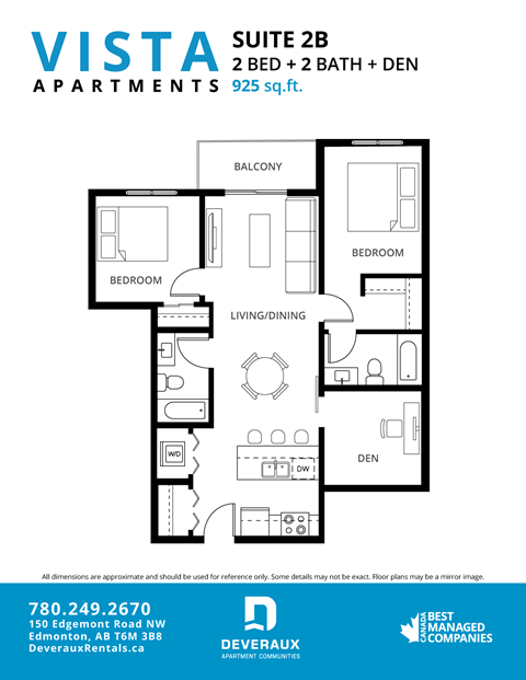 Floor plan for 2 beds, 2 baths, 931 sqft