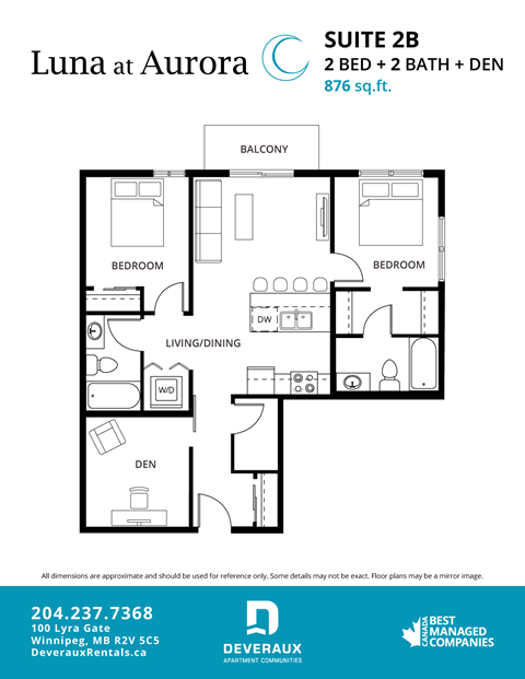 Floor plan for 2 beds, 2 baths, 939 sqft