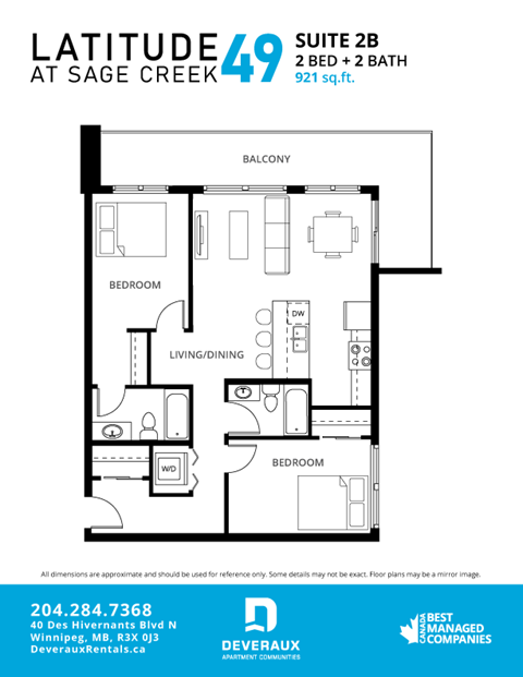 Floor plan for 2 beds, 2 baths, 921 sqft