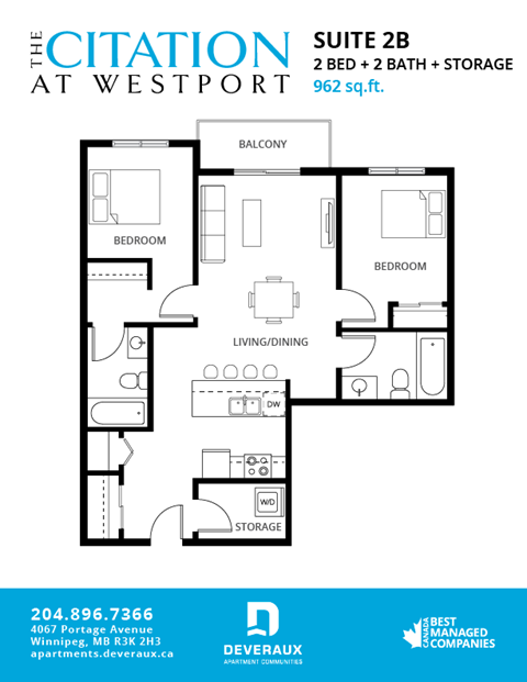 Floor plan for 2 beds, 2 baths, 962 sqft