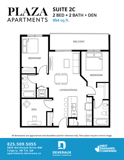 Floor plan for 2 beds, 2 baths, 1090 sqft