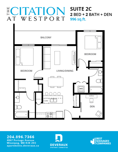 Floor plan for 2 beds, 2 baths, 996 sqft