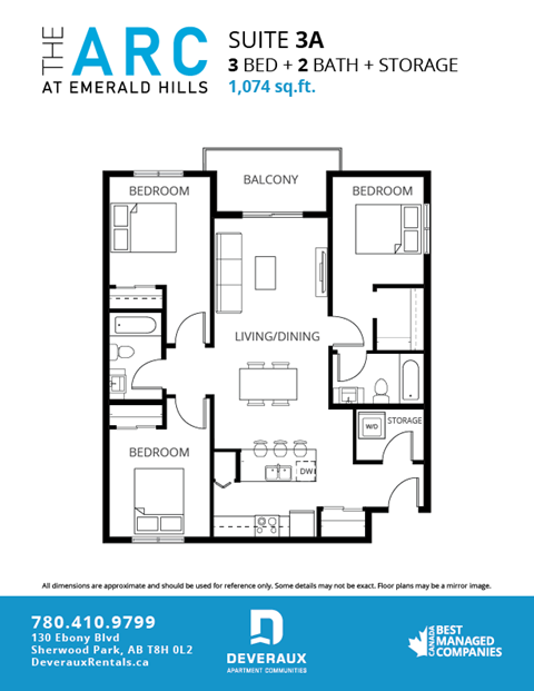 Floor plan for 3 beds, 2 baths, 1074 sqft