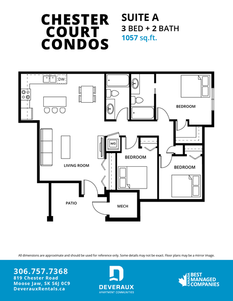 Floor plan for 3 beds, 2 baths, 1057 sqft