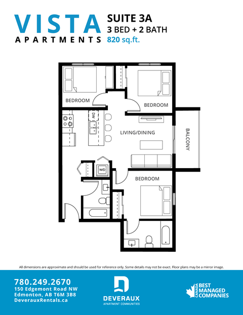 Floor plan for 3 beds, 2 baths, 973 sqft