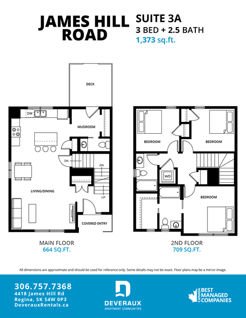 Floor plan for 3 beds, 2.5 baths, 1373 sqft