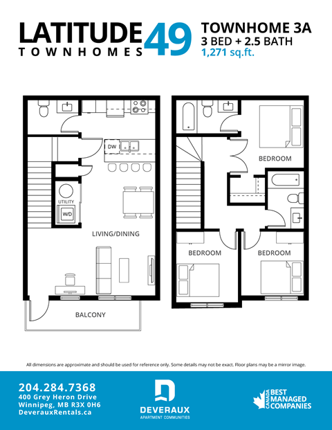 Floor plan for 3 beds, 2.5 baths, 1271 sqft