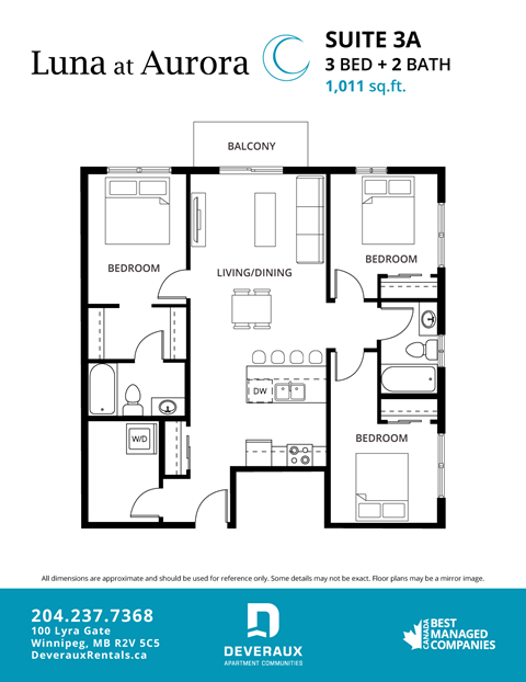 Floor plan for 3 beds, 2 baths, 1056 sqft