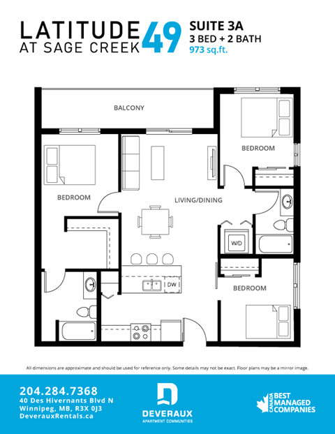 Floor plan for 3 beds, 2 baths, 973 sqft