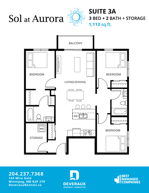 Floor plan for 3 beds, 2 baths, 1113 sqft