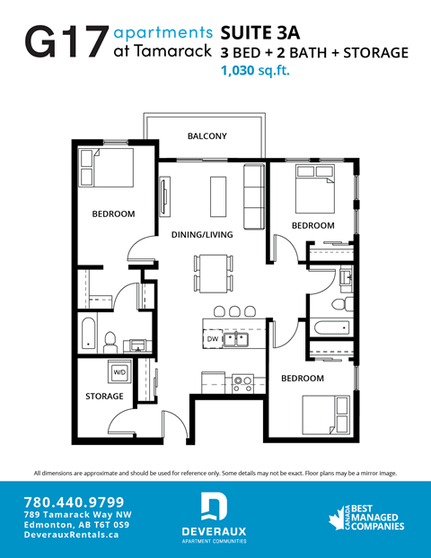 Floor plan for 3 beds, 2 baths, 1082 sqft