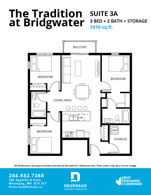 Floor plan for 3 beds, 2 baths, 1010 sqft