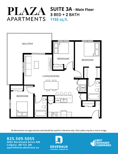 Floor plan for 3 beds, 2 baths, 1155 sqft