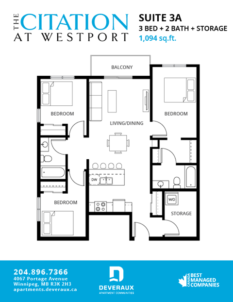 Floor plan for 3 beds, 2 baths, 1094 sqft