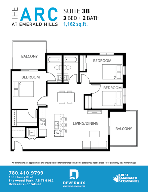 Floor plan for 3 beds, 2 baths, 1162 sqft
