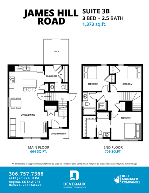 Floor plan for 3 beds, 2.5 baths, 1373 sqft