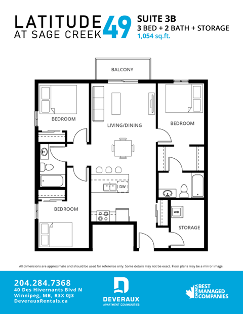 Floor plan for 3 beds, 2 baths, 1054 sqft