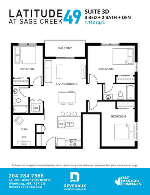 Floor plan for 3 beds, 2 baths, 1143 sqft