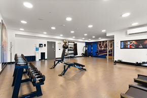 Regina townhouse for rent - A gym with a variety of equipment including dumbbells, weight plates, and a squat rack.