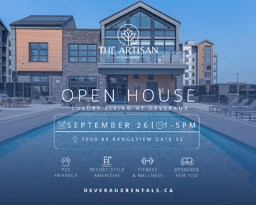 Calgary townhouse for rent - An advertisement for The Artisan at Rangenview, a luxury living community at Deveraux, featuring a pool and various amenities.