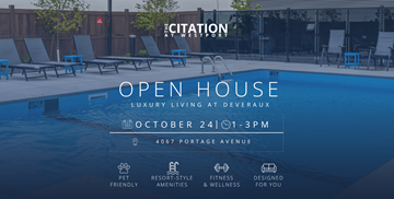 Winnipeg apartment for rent - An advertisement for an open house event at Doveraux on October 24th from 1-3 PM.