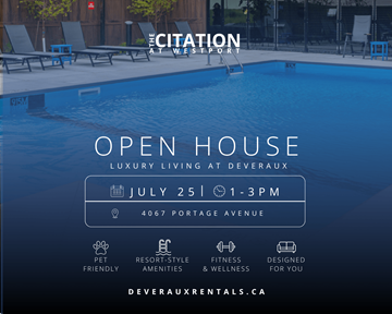 Winnipeg apartment for rent - An advertisement for an open house at The Citation at Westport, featuring a pool and various amenities.
