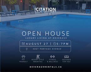 Winnipeg apartment for rent - An advertisement for an open house at The Citation at Westport, featuring a pool and various amenities.