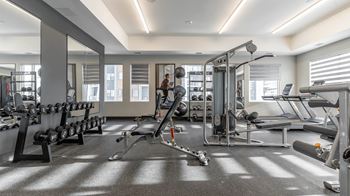A gym with a variety of equipment including weights and cardio machines.
