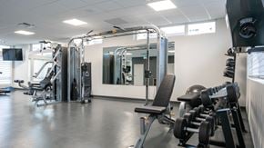 Winnipeg apartment for rent - A gym with a variety of equipment including a treadmill, weights, and a bench.