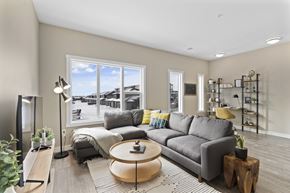Regina townhouse for rent - A modern living room with a grey sofa and a large window.